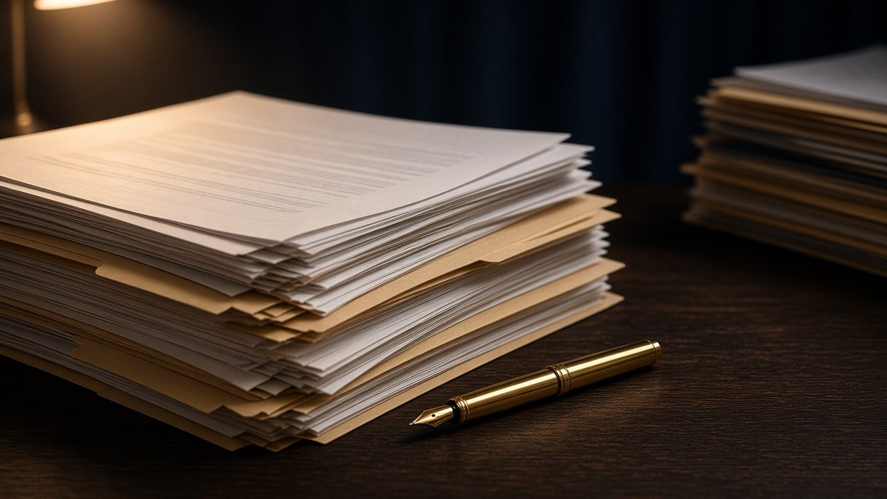 AI-generated image: stacked legal documents and a gold pen on a dark desk
