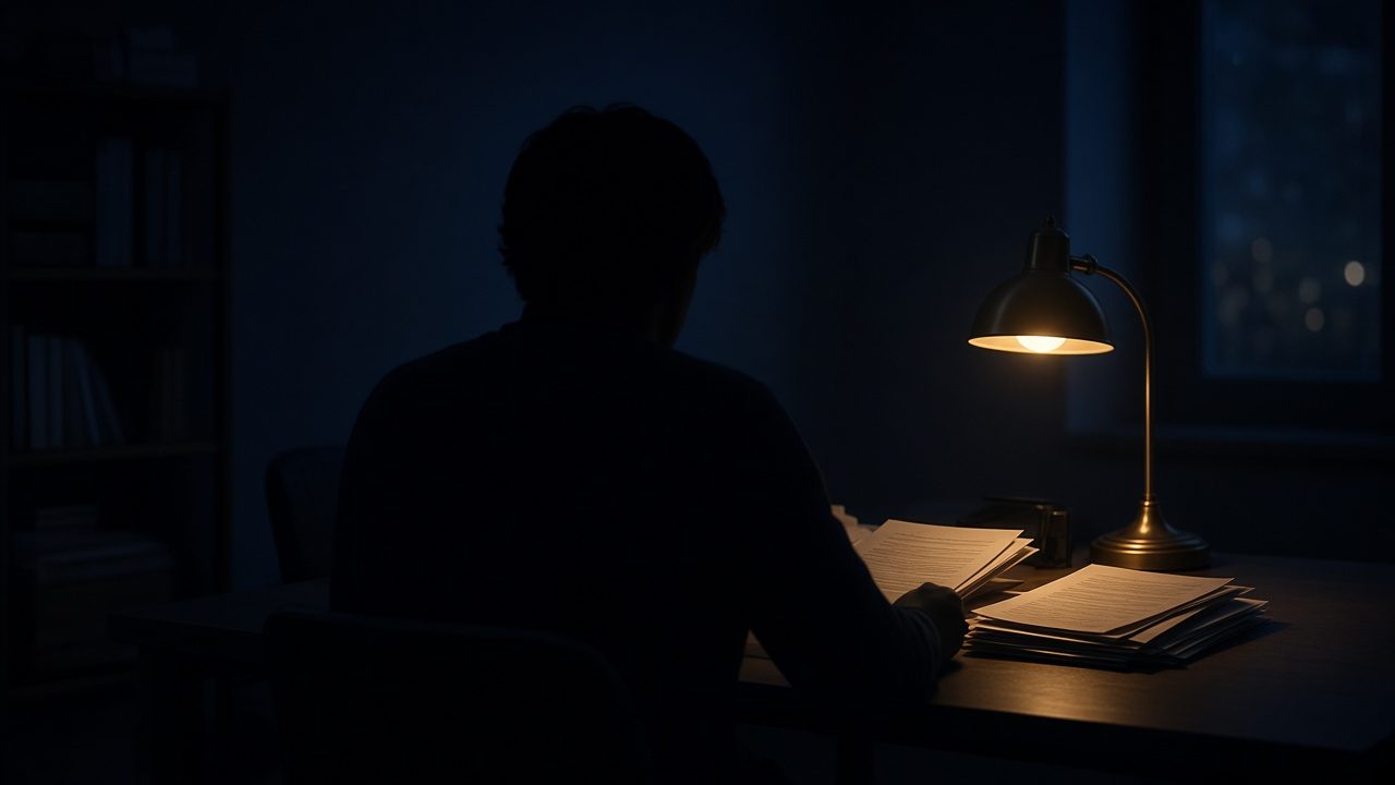 AI-generated image: a person seen from behind reviewing papers under a desk lamp at night
